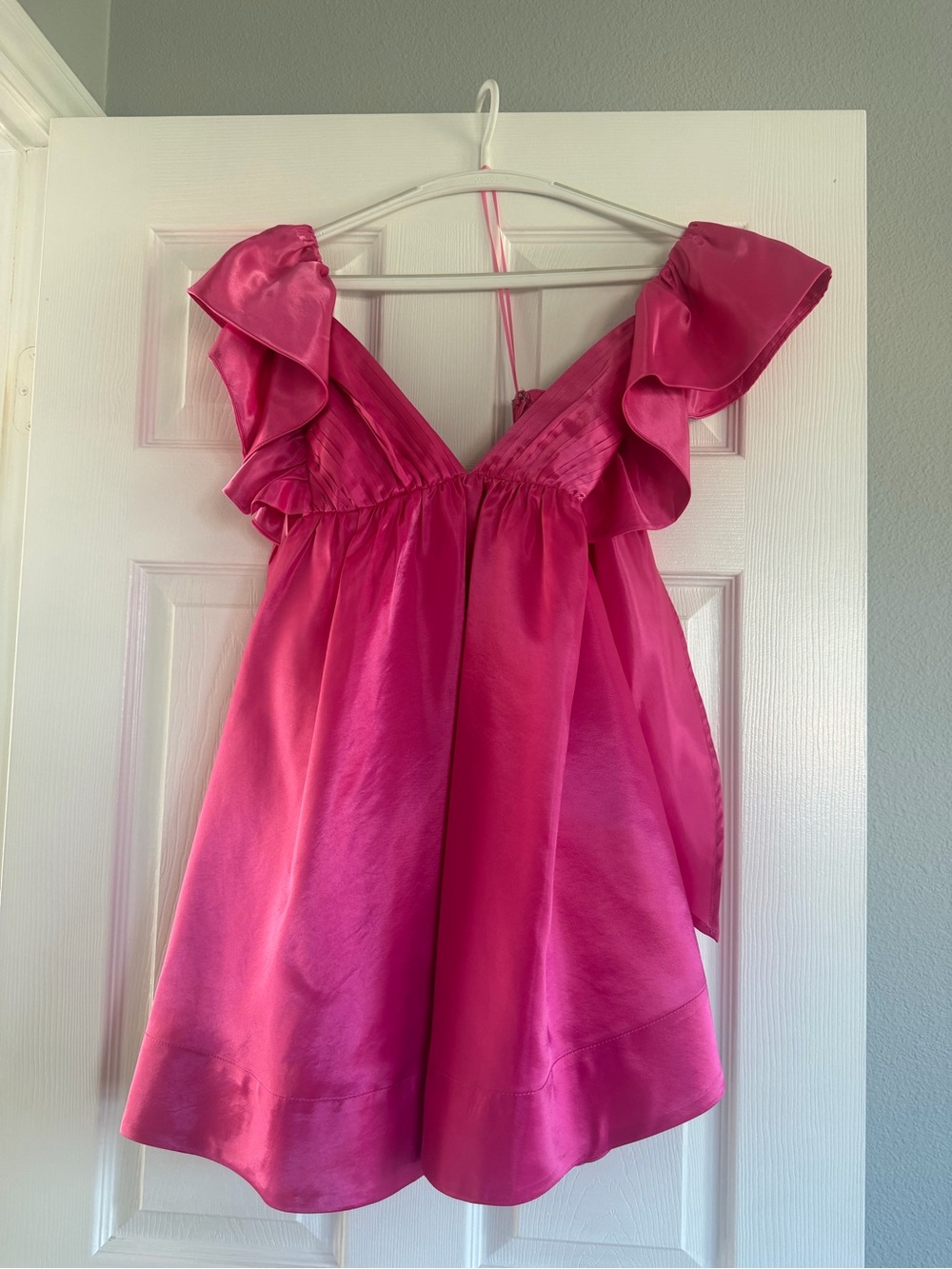 Girls' Hot Pink Satin Ruffle Sleeve Dress